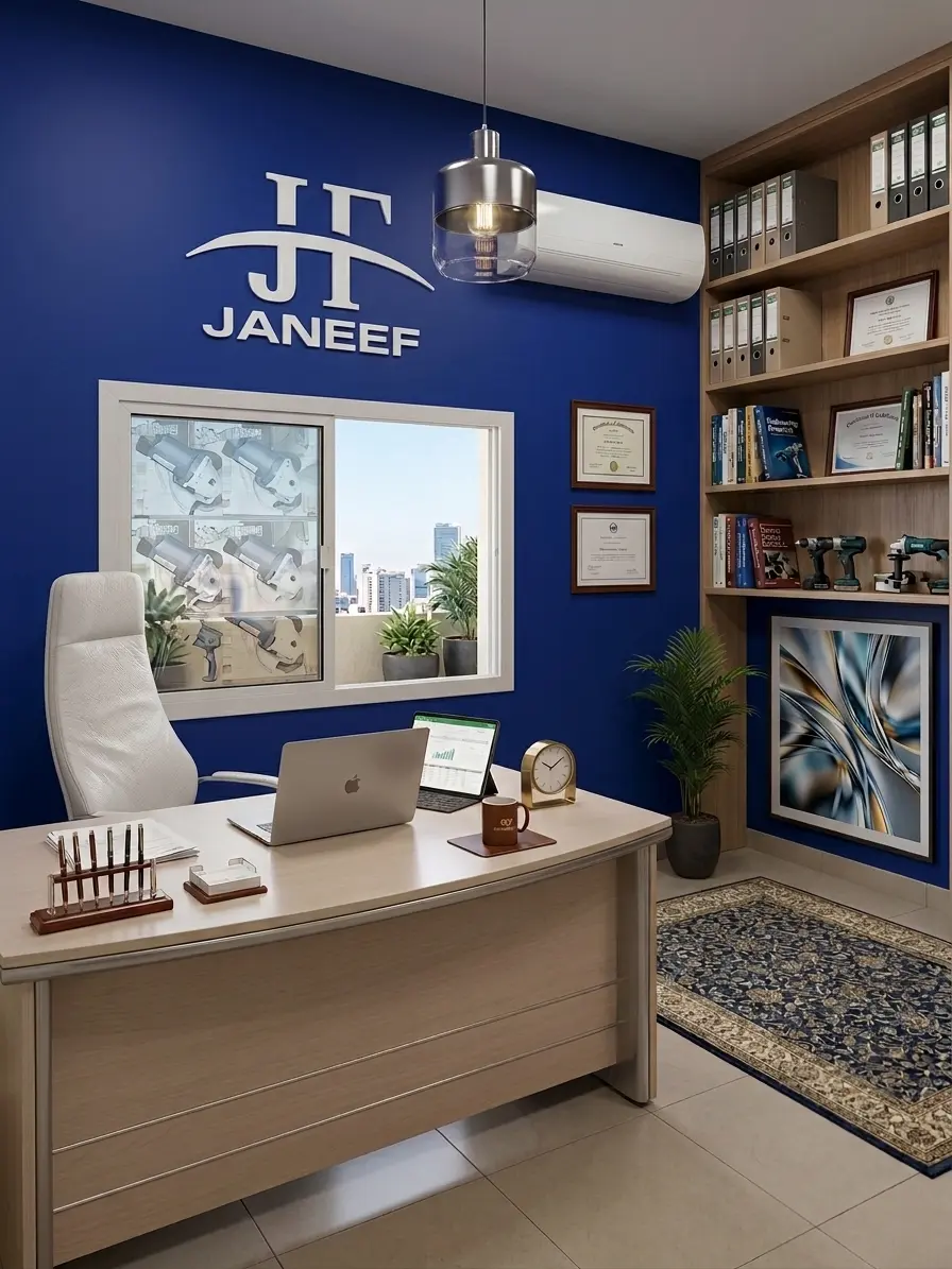 wmremove-transformed (1) Modern office with a white desk, laptop, chair, and plants; blue accent wall with "JANEEF" logo, shelves of books, framed certificates, and a window overlooking city buildings.